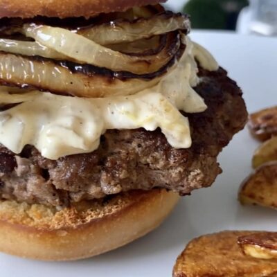 Griddled Onion Burgers with Creamy Dijon Aioli & Oven Fries